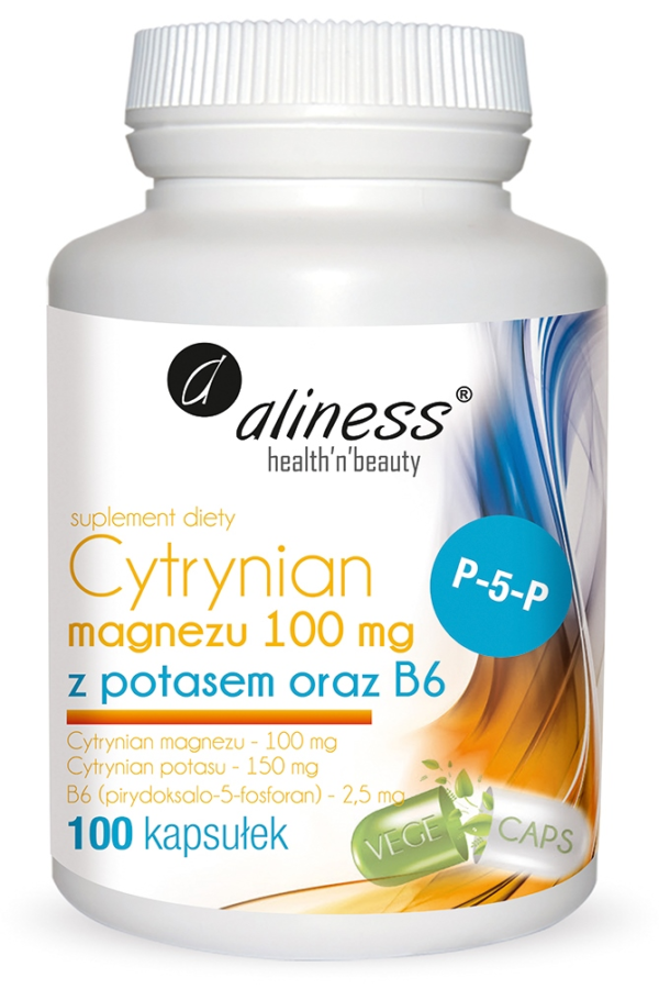 Aliness Cytrynian Magnezu 100 mg z potasem 150 mg, B6 (P-5-P) x 100 caps VEGE