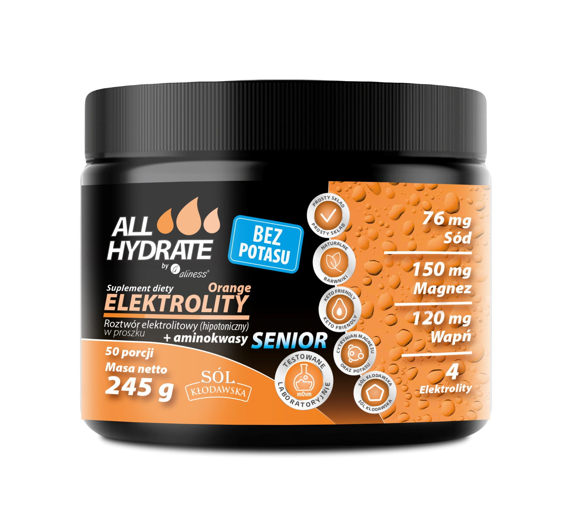 Aliness ALLHydrate, Elektrolity Senior BEZ POTASU Orange 245g, 50 porcji