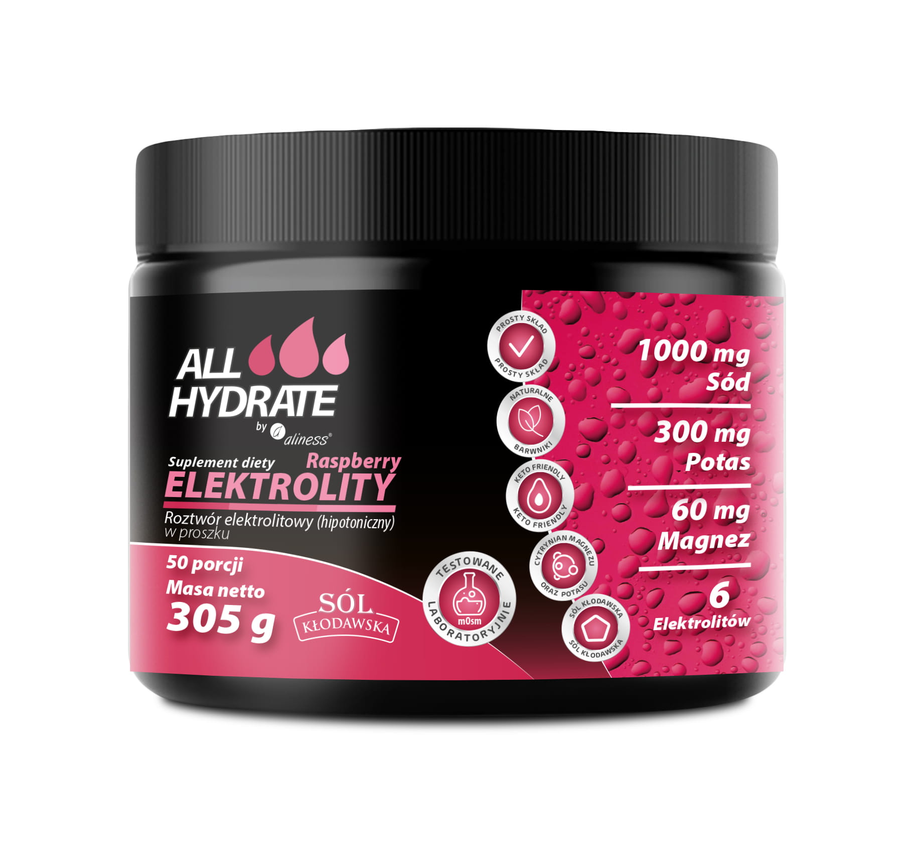 Alliness ALLHydrate, Elektrolity Raspberry 305g, 50 porcji